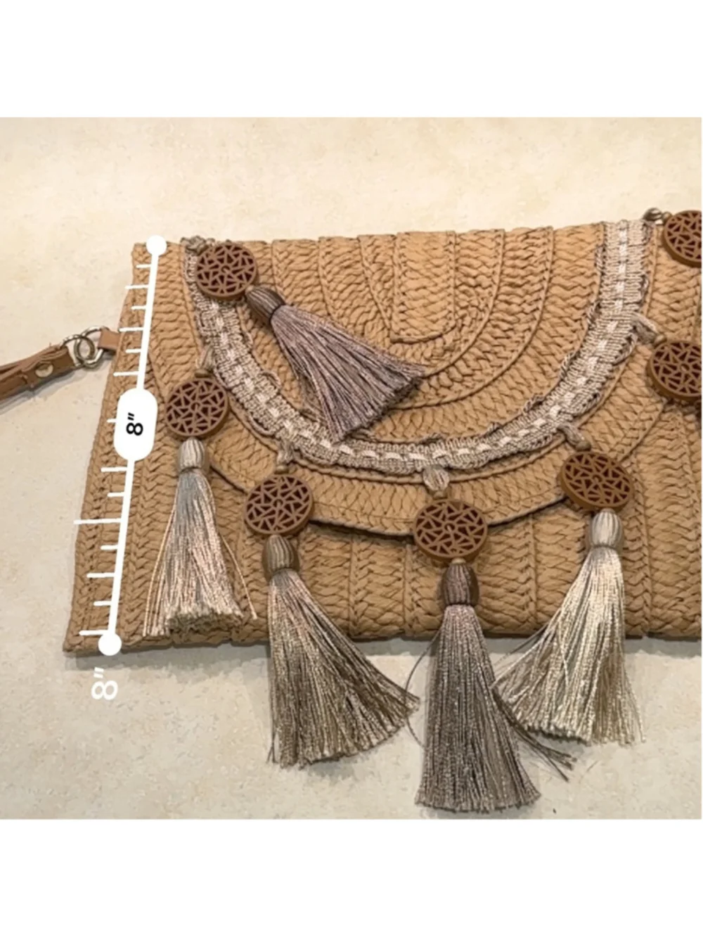 Boho Basket Woven Clutch Wristlet with Tassel Accents